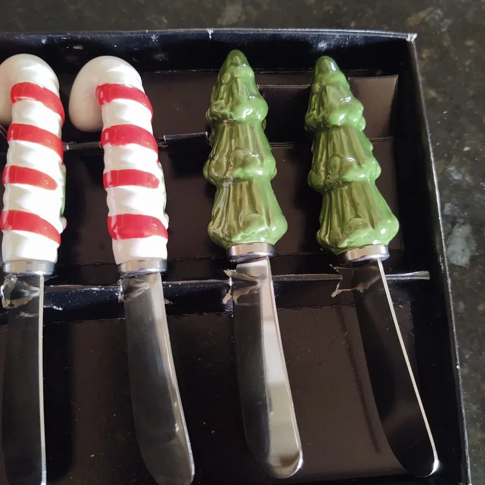Vintage 1950s 60s Set of Novelty Christmas Theme Butter Spread Knives - Made in